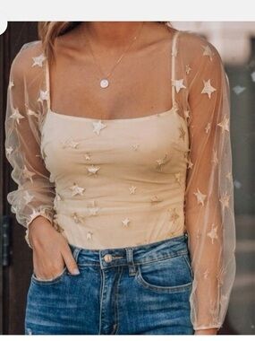 Le Lis Golden Cream Star-Embroidered Bodysuit